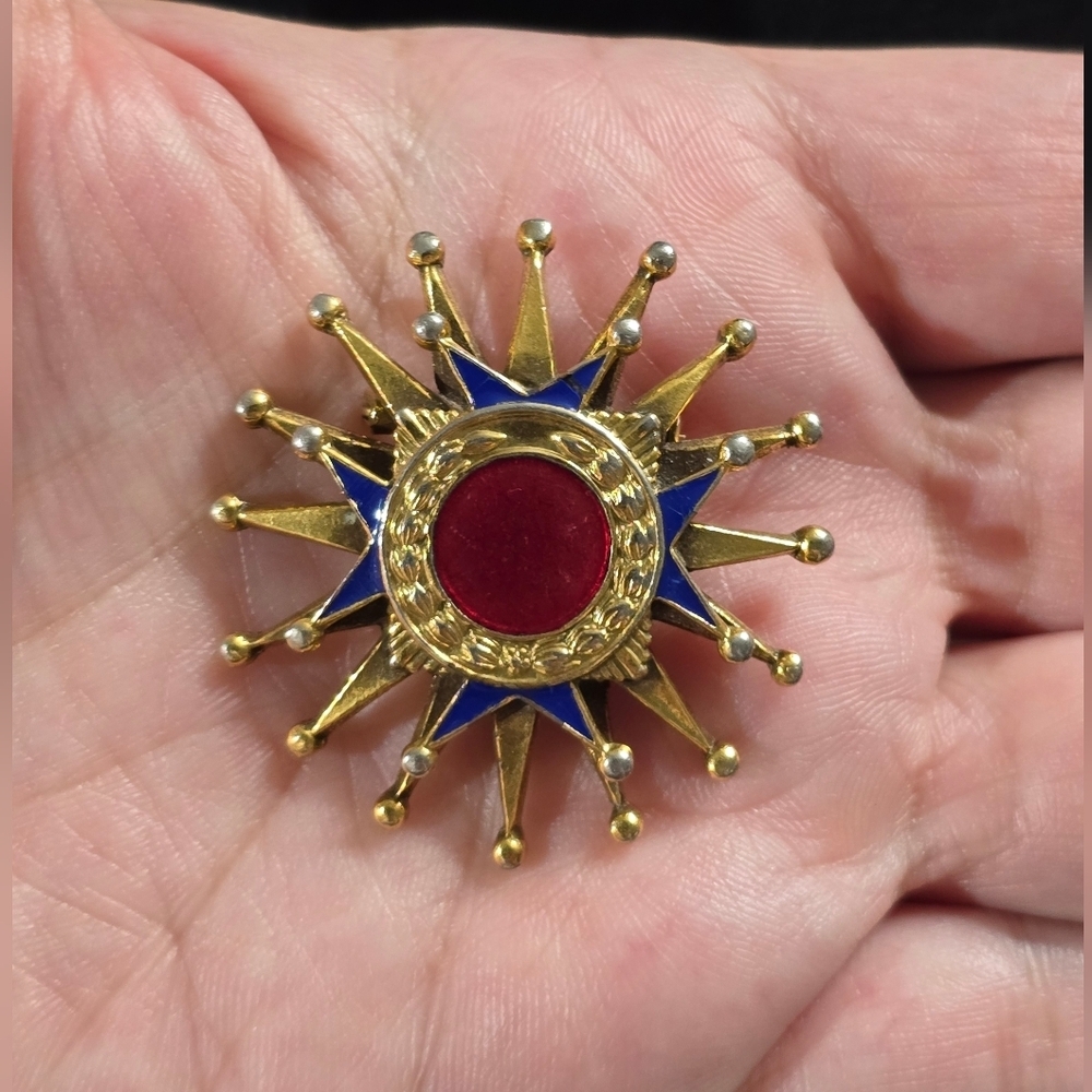 Vintage Military Starburst Brass Red Blue Enamel Star Pin